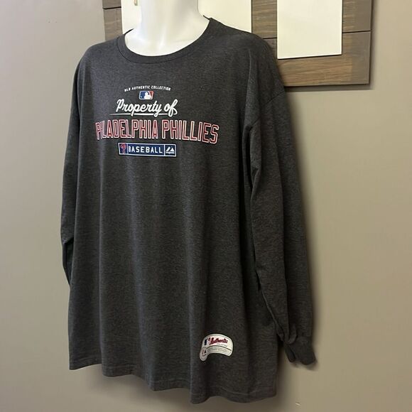 Authentic Majestic Heather Grey Philadelphia Phillies Long Sleeve T-Shirt- 2XL - Picture 2 of 10